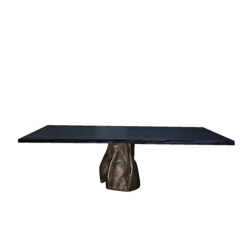 Caeli Burnt Suar Wood Dining Table With Natural Edge And Gold Teak Root Base